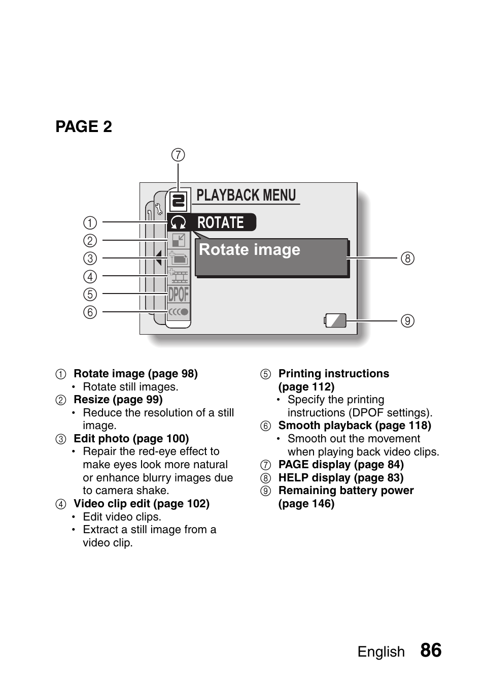 Rotate rotate image playback menu, Page 2, English | Fisher VPC-CG6GX User Manual | Page 100 / 202