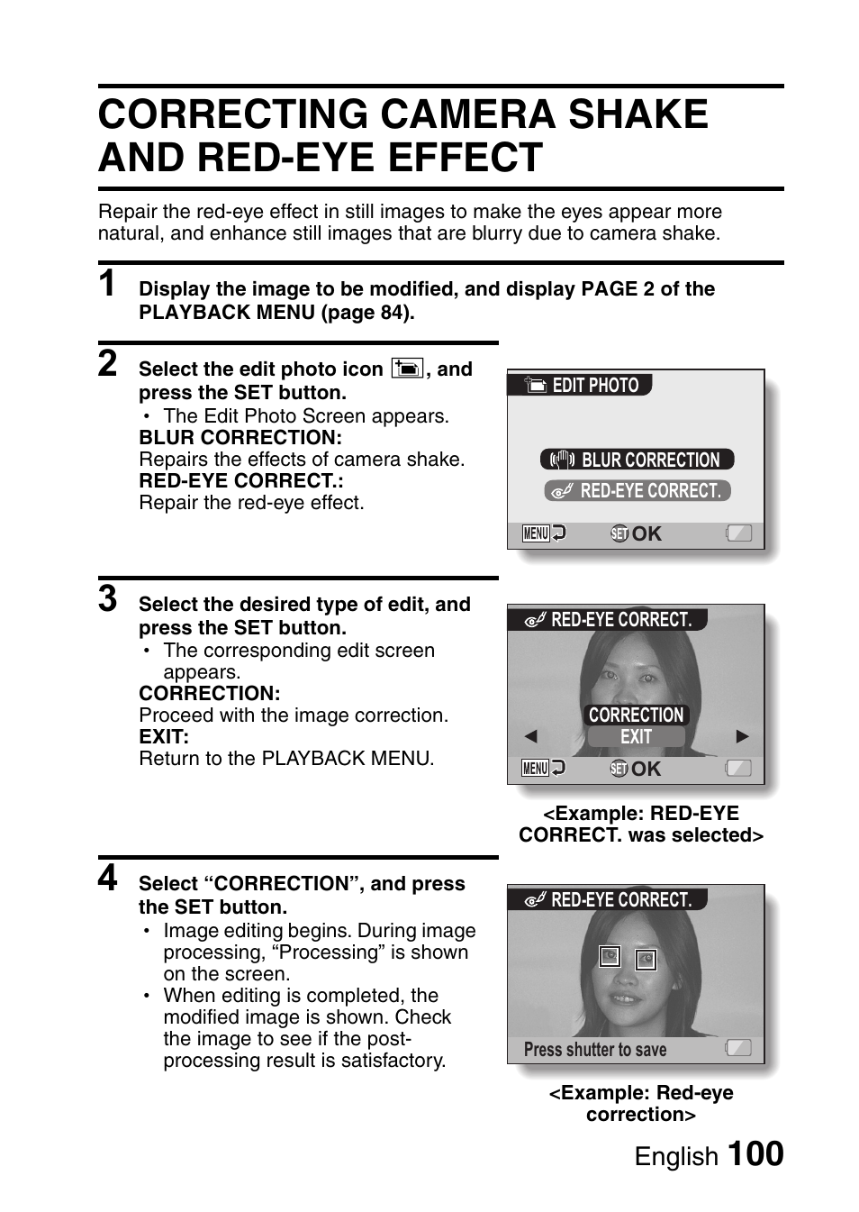 Correcting camera shake and red-eye effect | Fisher VPC-CG6GX User Manual | Page 114 / 202