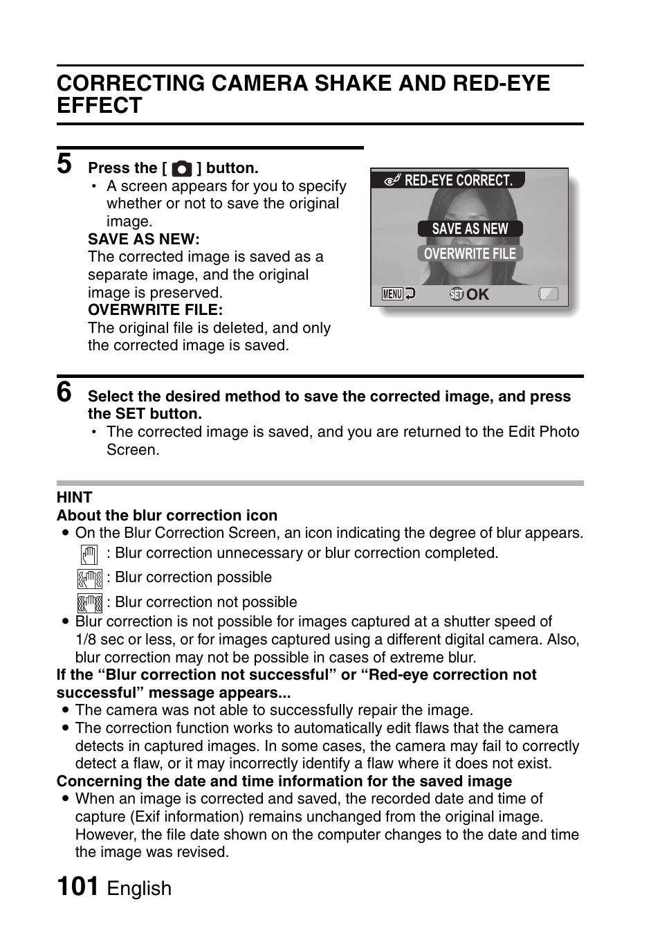 Correcting camera shake and red-eye effect, English | Fisher VPC-CG6GX User Manual | Page 115 / 202