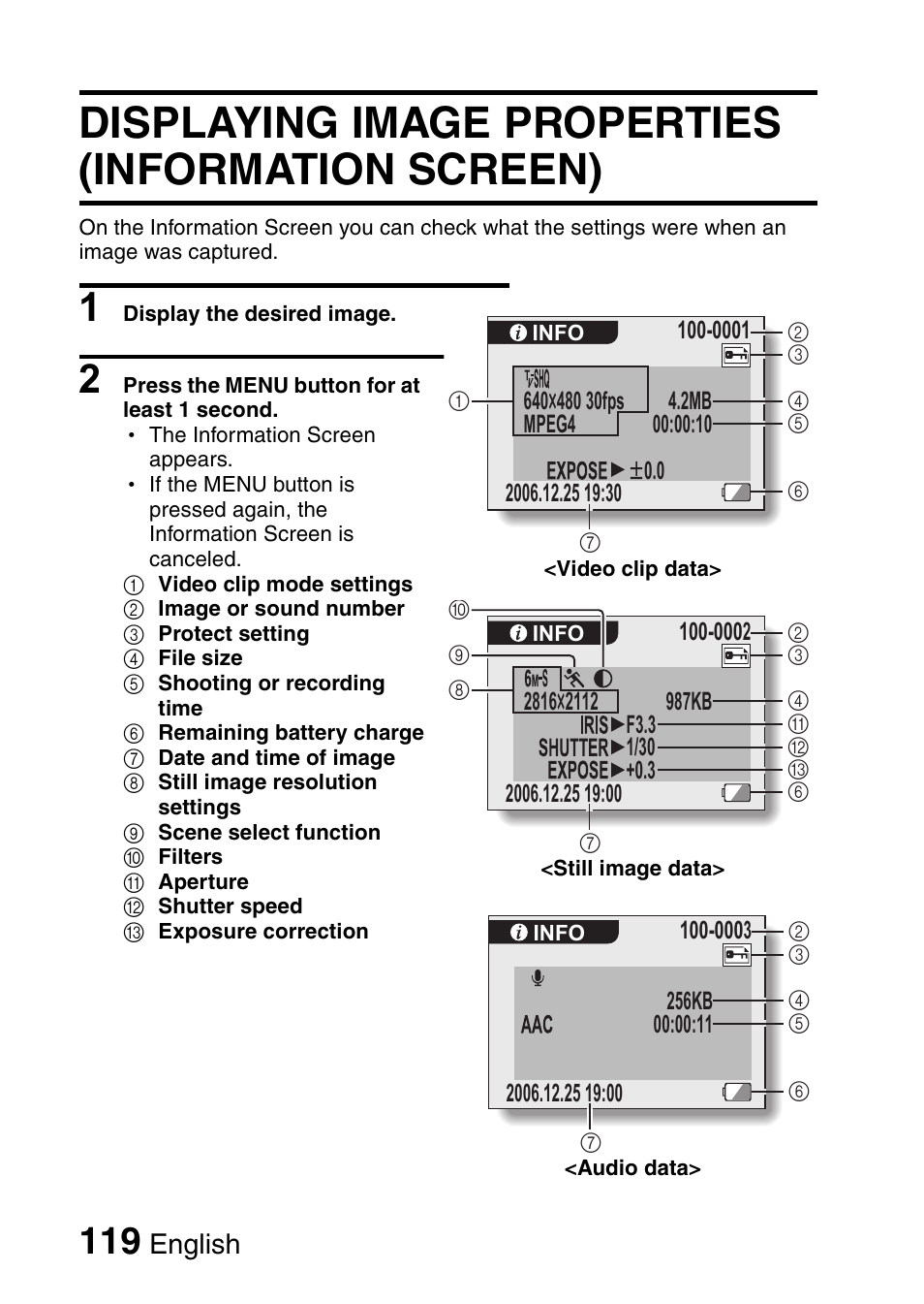 Displaying image properties (information screen), English | Fisher VPC-CG6GX User Manual | Page 133 / 202