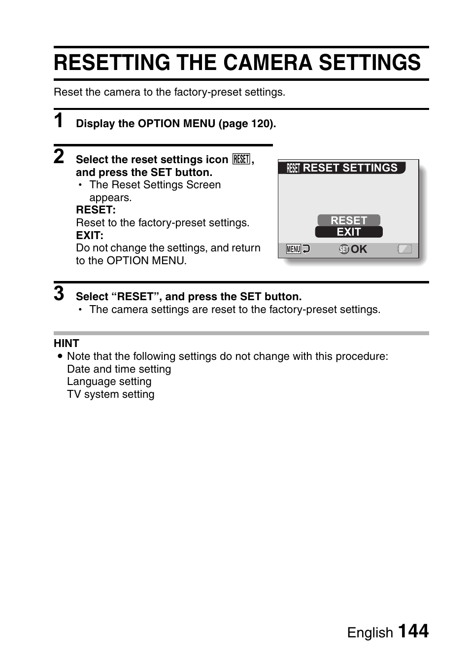 Resetting the camera settings | Fisher VPC-CG6GX User Manual | Page 158 / 202