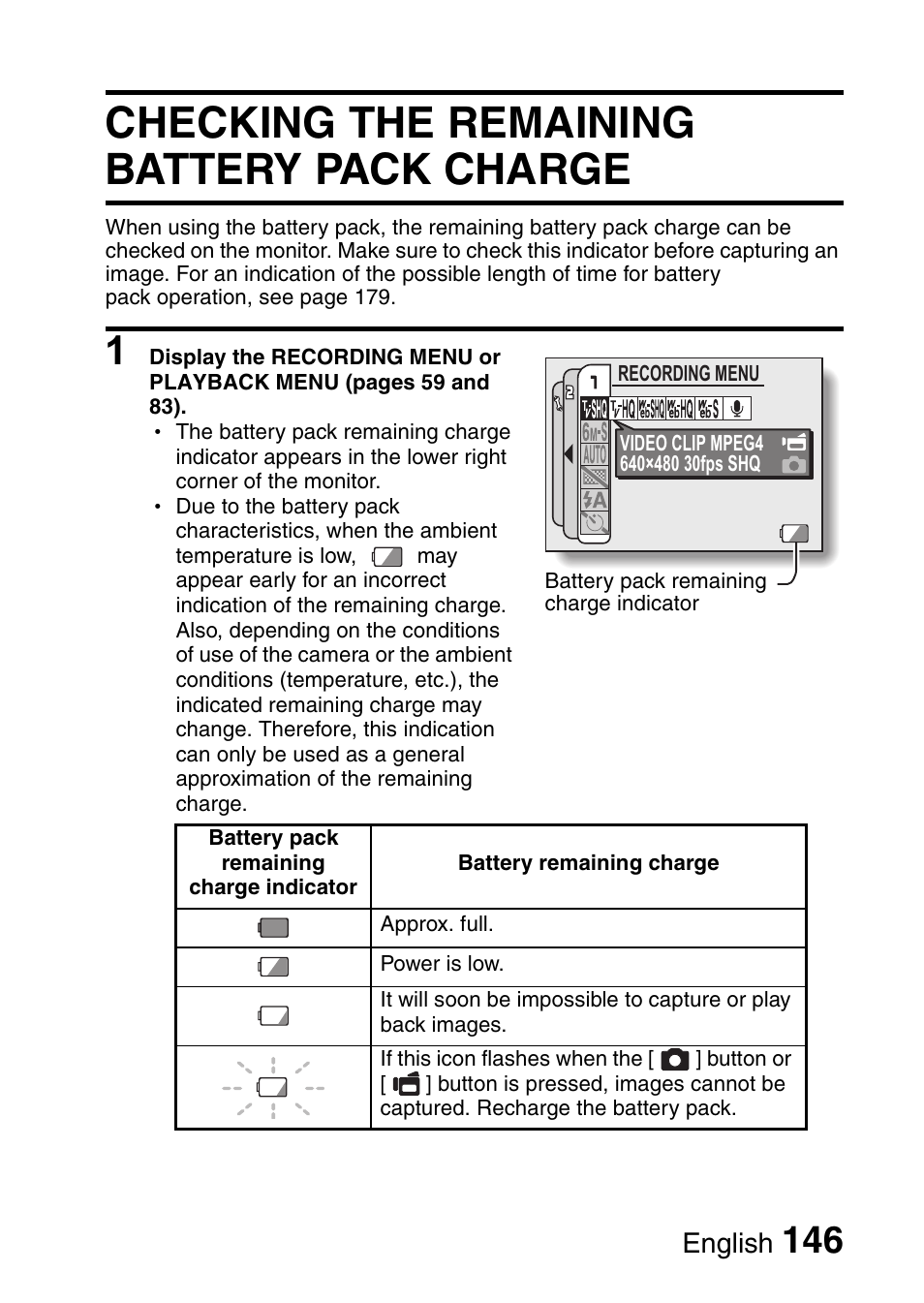 Checking the remaining battery pack charge, English | Fisher VPC-CG6GX User Manual | Page 160 / 202
