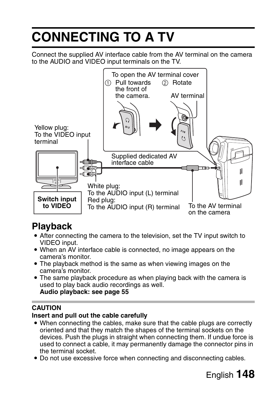 Connecting to a tv, Playback, English | Fisher VPC-CG6GX User Manual | Page 162 / 202