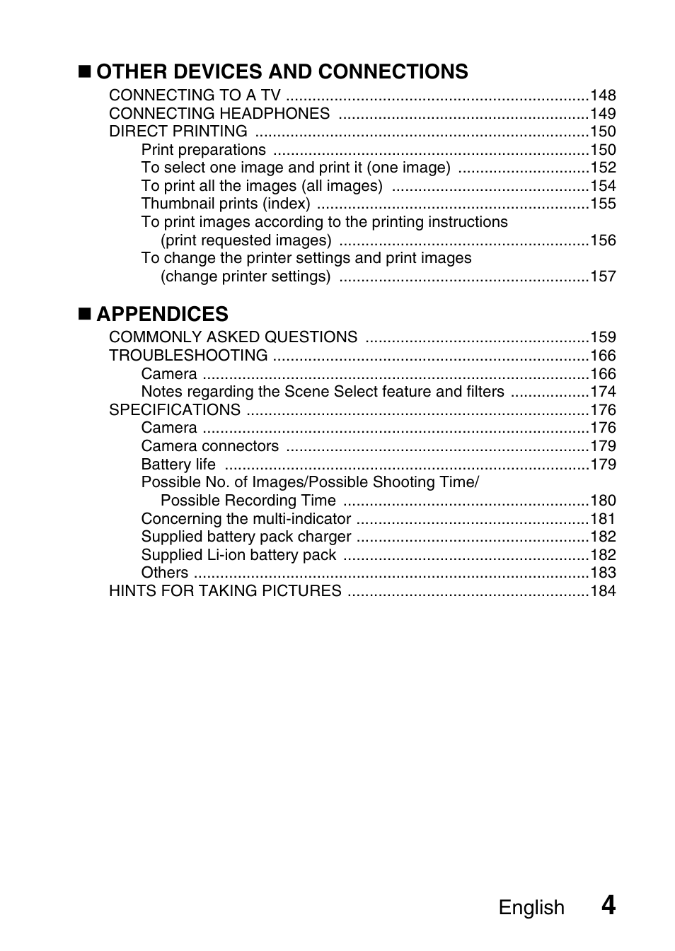English, Other devices and connections, Appendices | Fisher VPC-CG6GX User Manual | Page 18 / 202