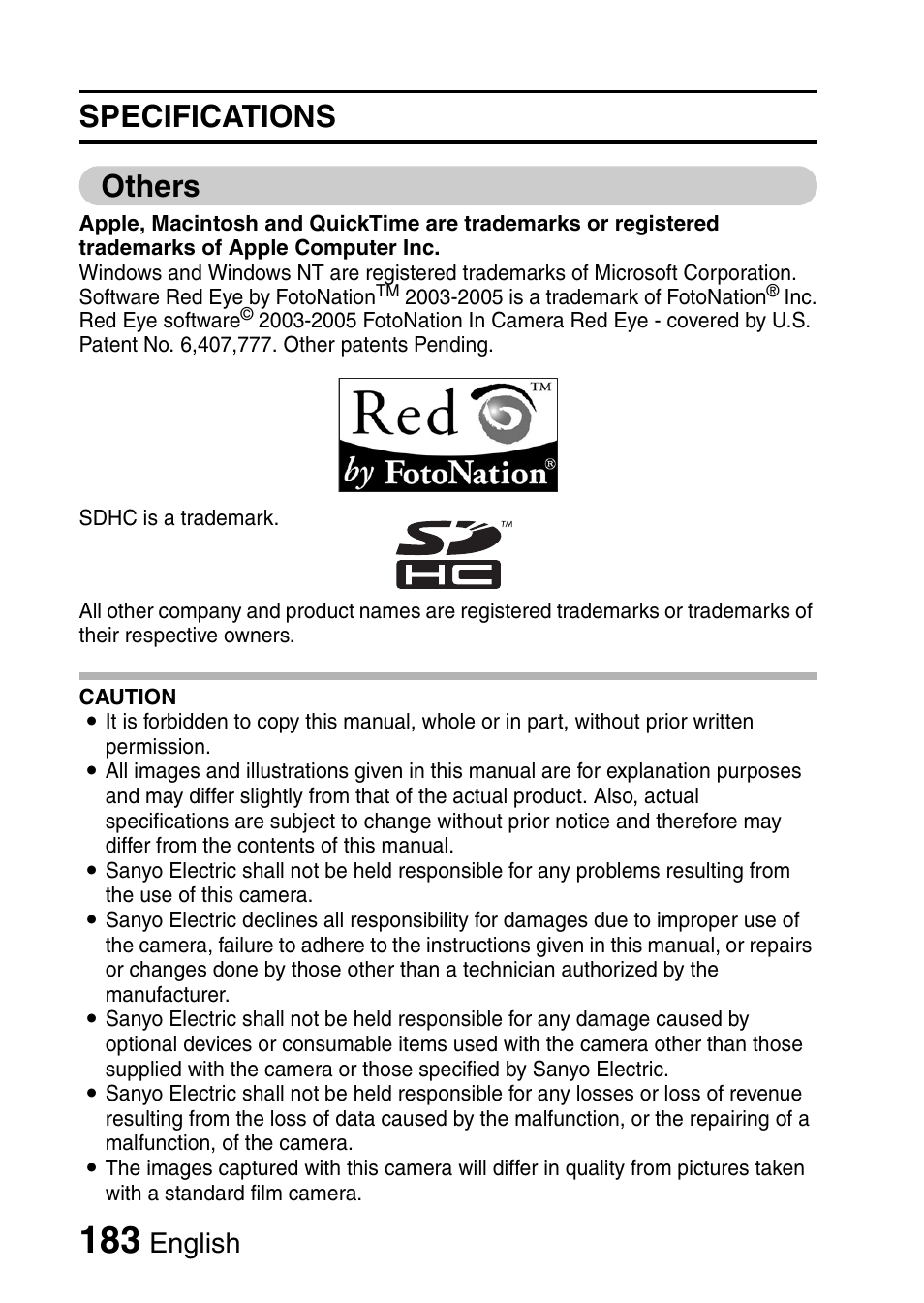 Specifications others, English | Fisher VPC-CG6GX User Manual | Page 197 / 202