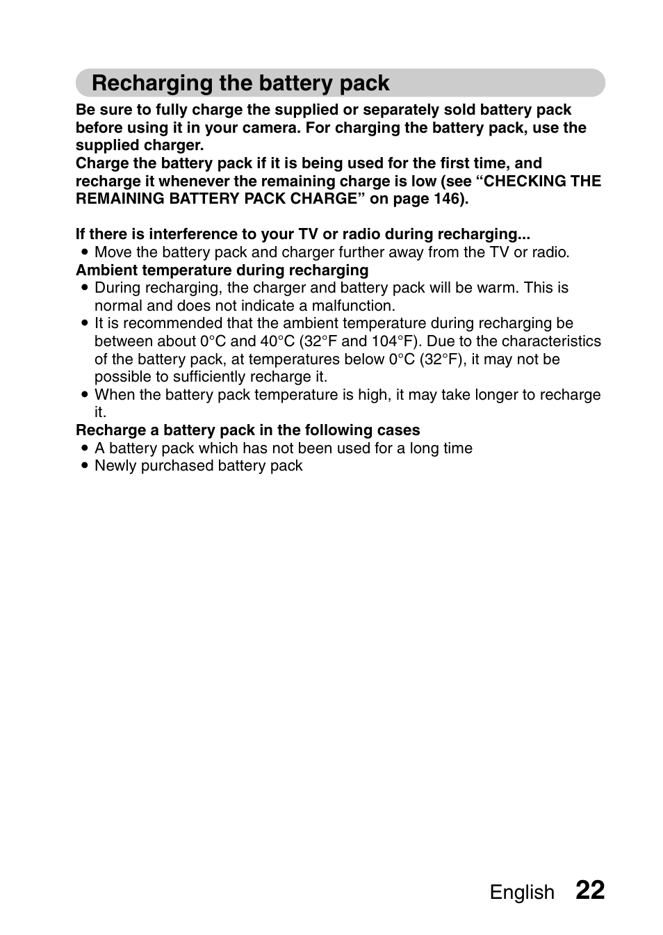 Recharging the battery pack, English | Fisher VPC-CG6GX User Manual | Page 36 / 202