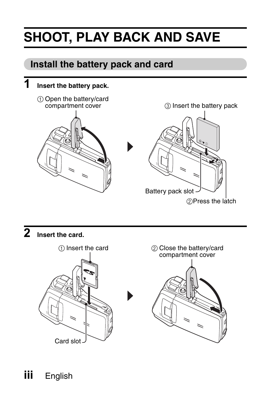 Shoot, play back and save, Install the battery pack and card | Fisher VPC-CG6GX User Manual | Page 4 / 202