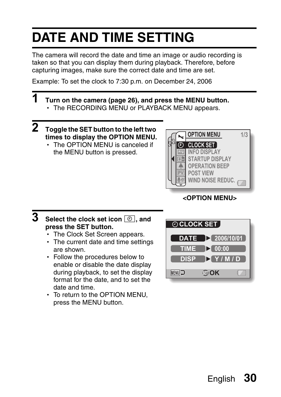 Date and time setting, English | Fisher VPC-CG6GX User Manual | Page 44 / 202