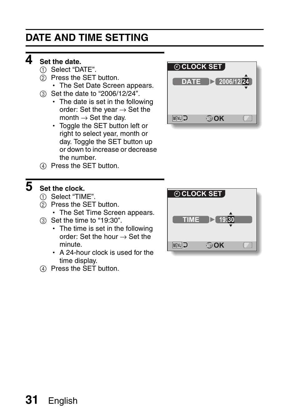 Date and time setting, English | Fisher VPC-CG6GX User Manual | Page 45 / 202