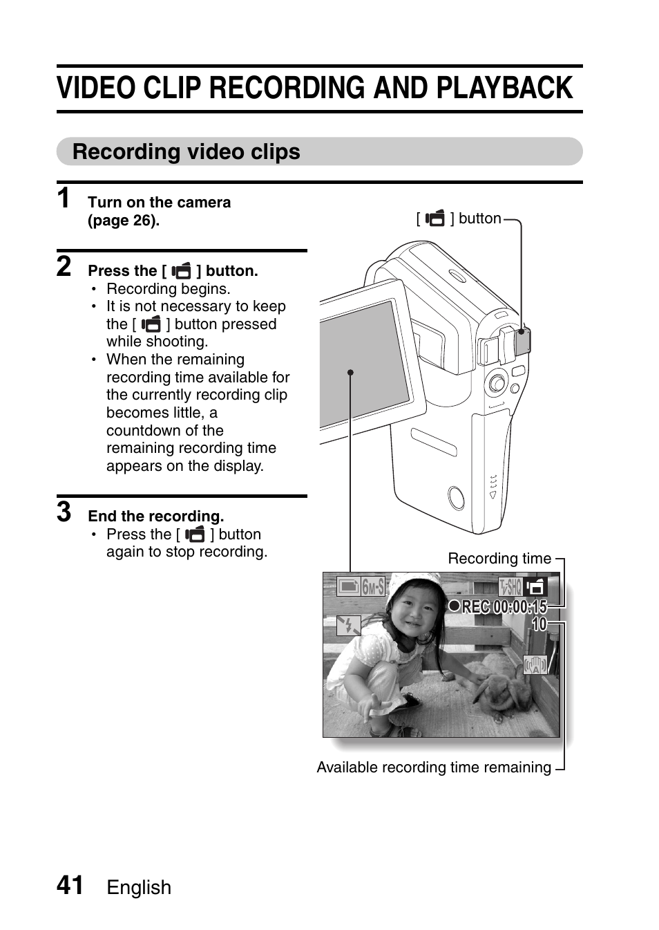 Video clip recording and playback, Recording video clips | Fisher VPC-CG6GX User Manual | Page 55 / 202