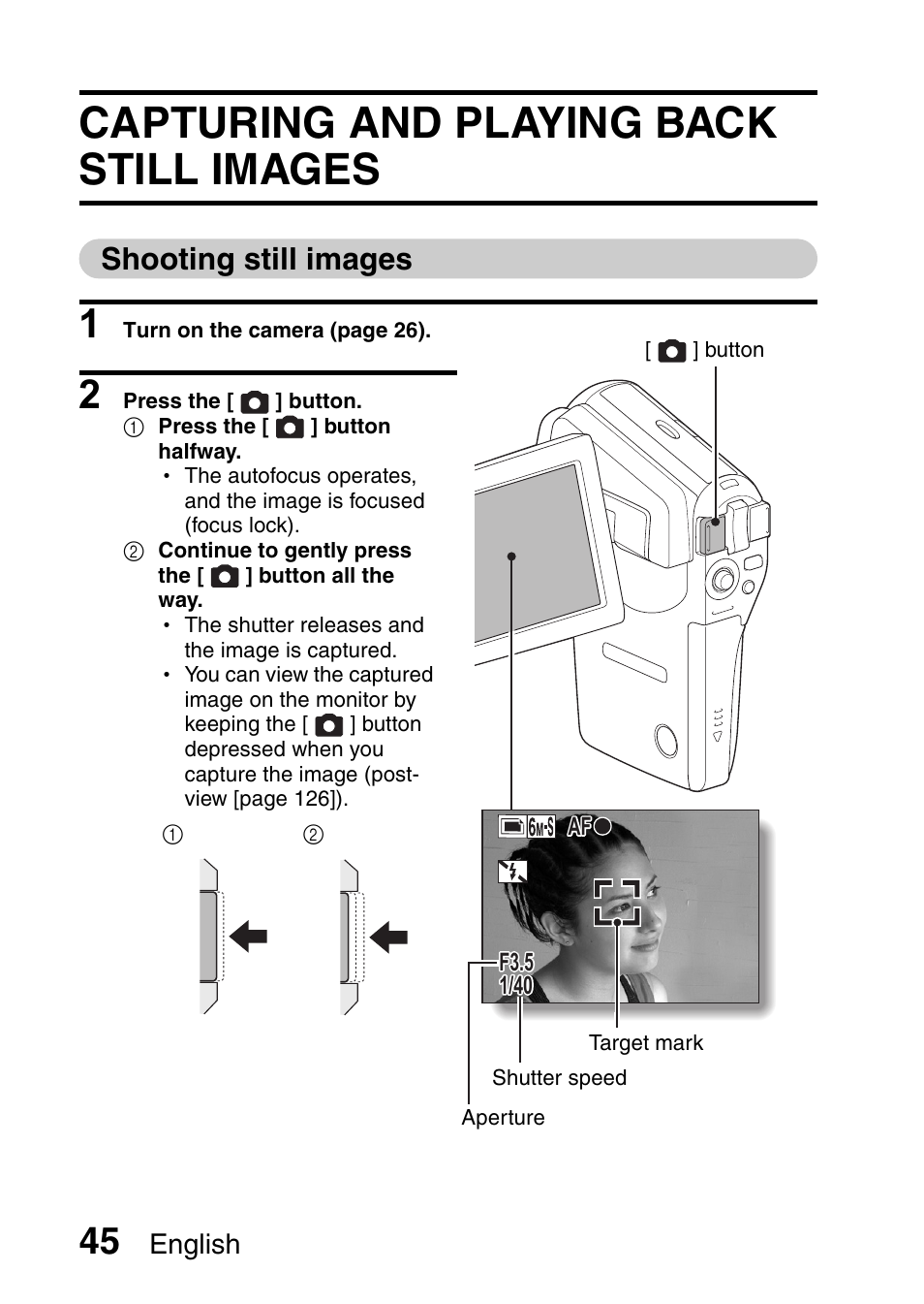 Capturing and playing back still images, Shooting still images, English | Fisher VPC-CG6GX User Manual | Page 59 / 202