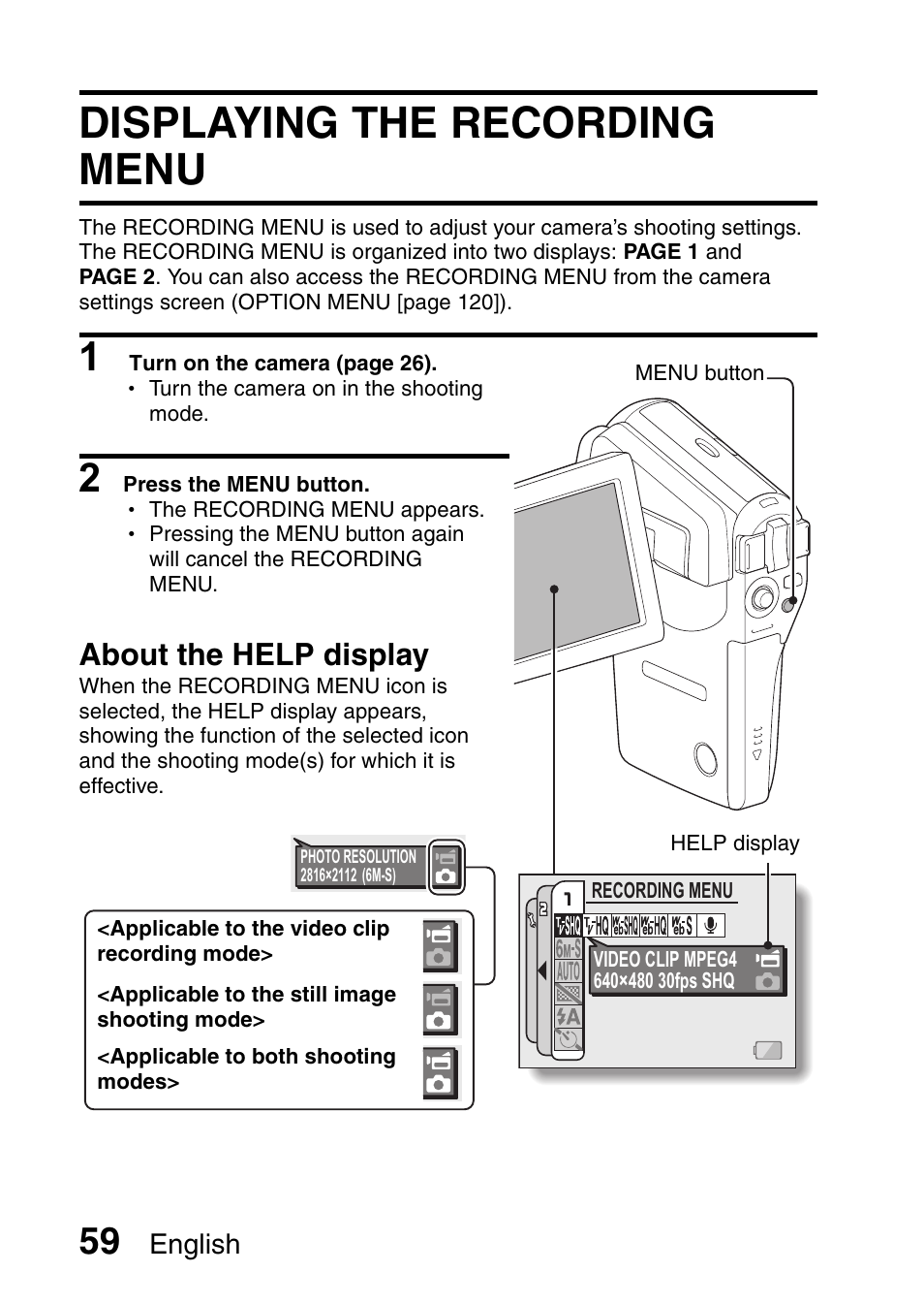 Displaying the recording menu, About the help display | Fisher VPC-CG6GX User Manual | Page 73 / 202