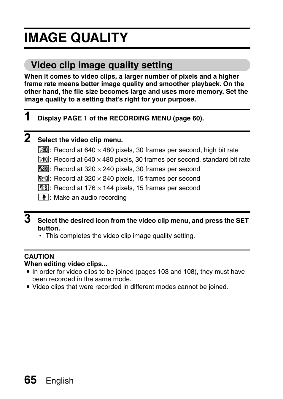 Image quality, Video clip image quality setting | Fisher VPC-CG6GX User Manual | Page 79 / 202