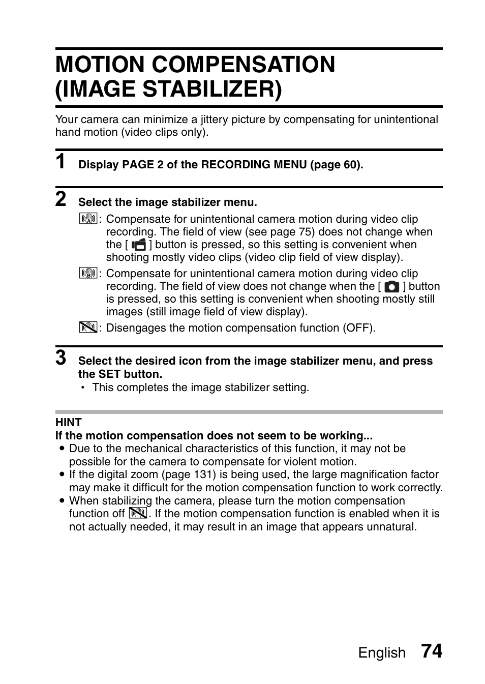 Motion compensation (image stabilizer) | Fisher VPC-CG6GX User Manual | Page 88 / 202