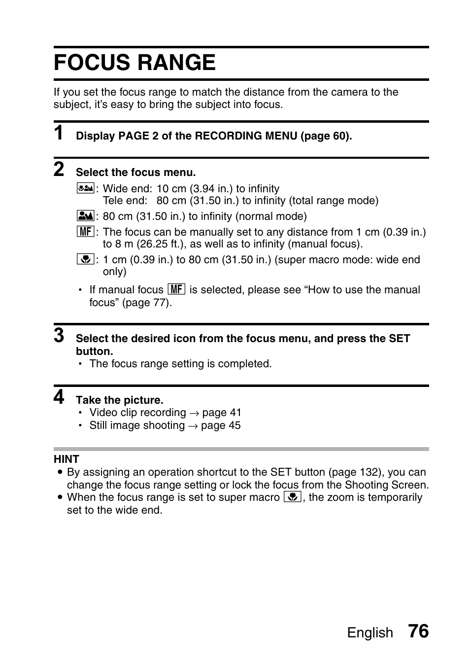 Focus range | Fisher VPC-CG6GX User Manual | Page 90 / 202