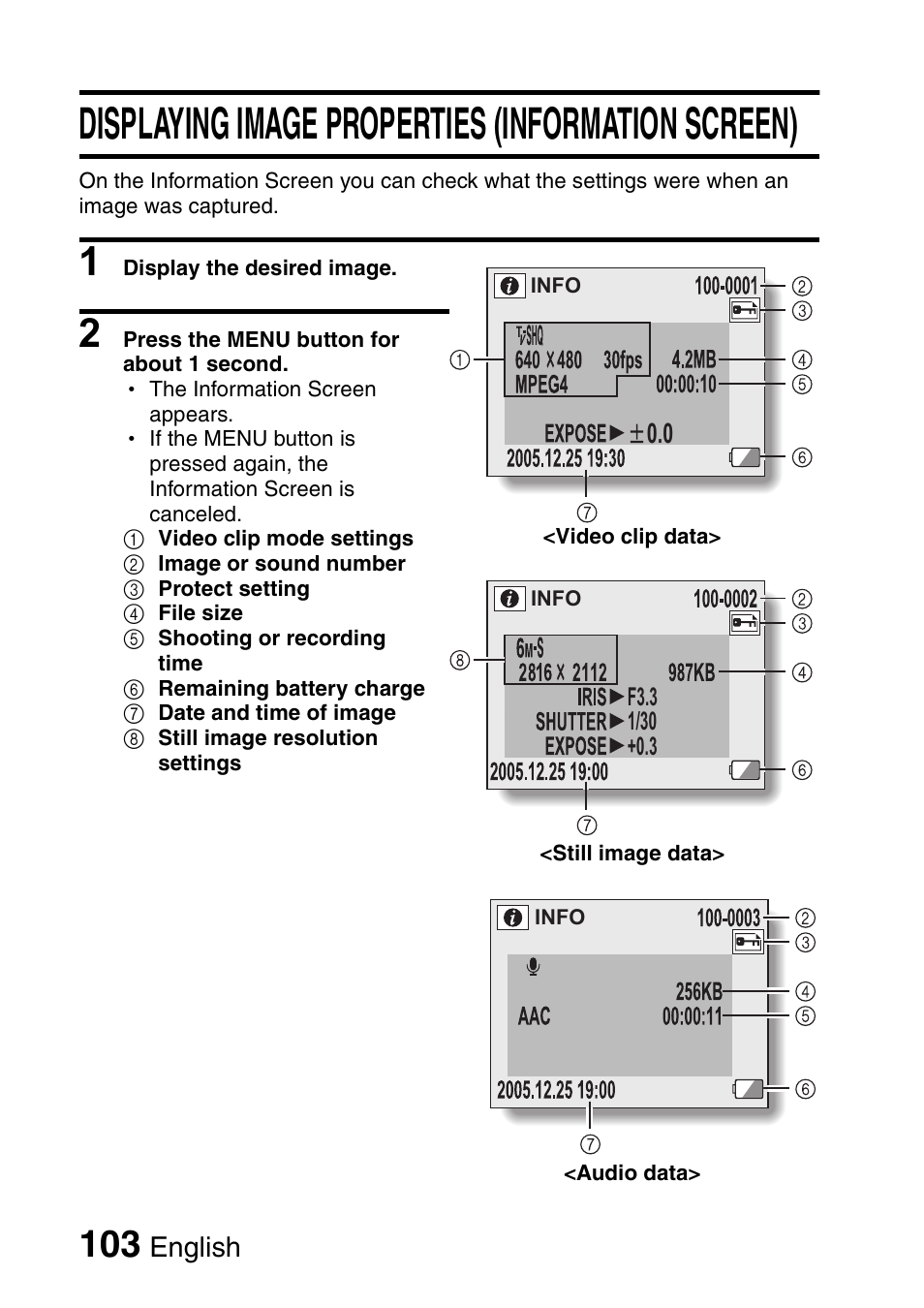 Displaying image properties (information screen) | Fisher VPC-C6 User Manual | Page 109 / 192