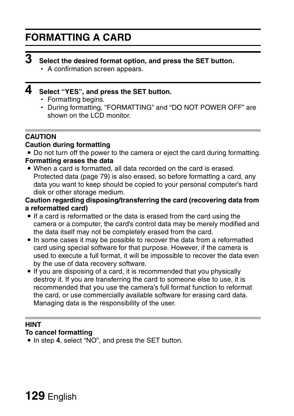 Formatting a card, English | Fisher VPC-C6 User Manual | Page 135 / 192