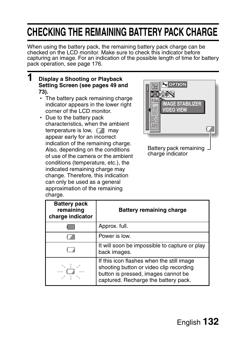Checking the remaining battery pack charge, English | Fisher VPC-C6 User Manual | Page 138 / 192