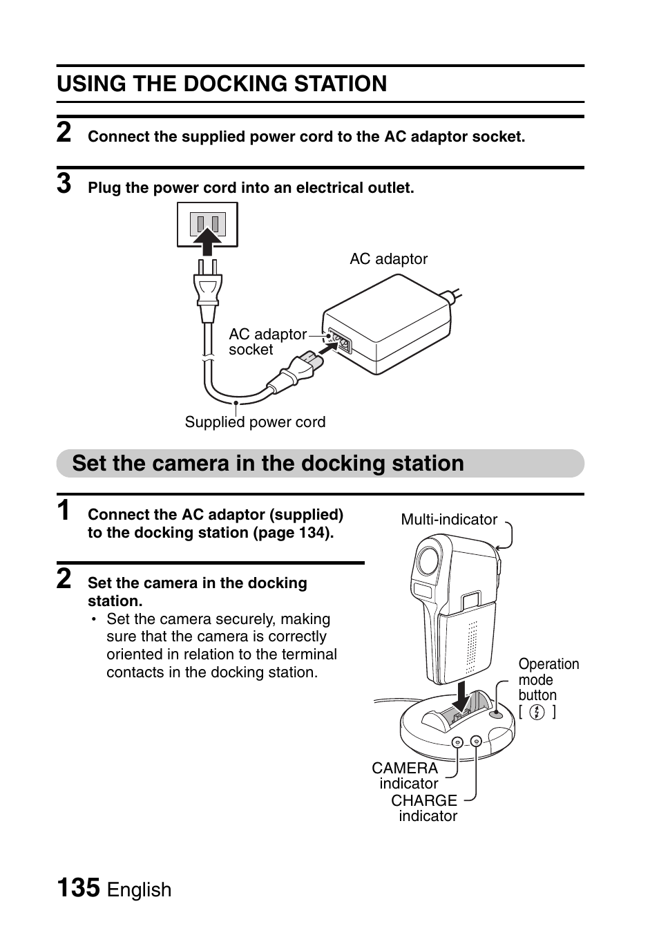Using the docking station, Set the camera in the docking station | Fisher VPC-C6 User Manual | Page 141 / 192