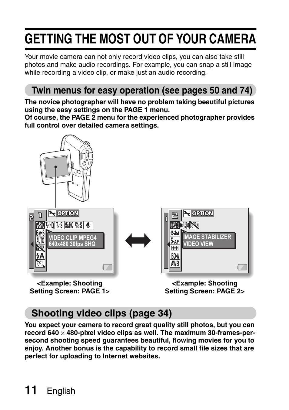 Getting the most out of your camera, Shooting video clips (page 34), English | Fisher VPC-C6 User Manual | Page 17 / 192