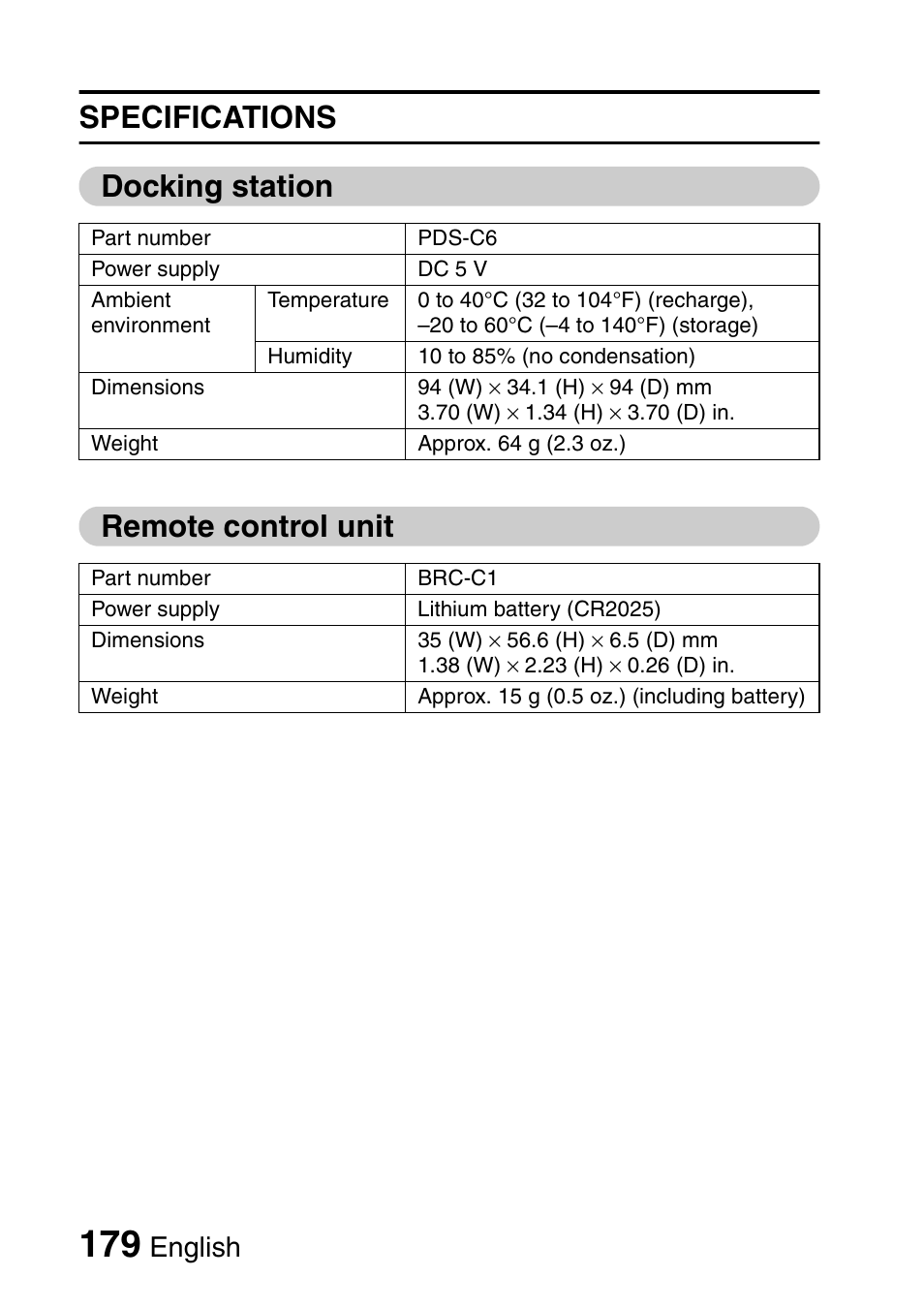Specifications docking station remote control unit, English | Fisher VPC-C6 User Manual | Page 185 / 192