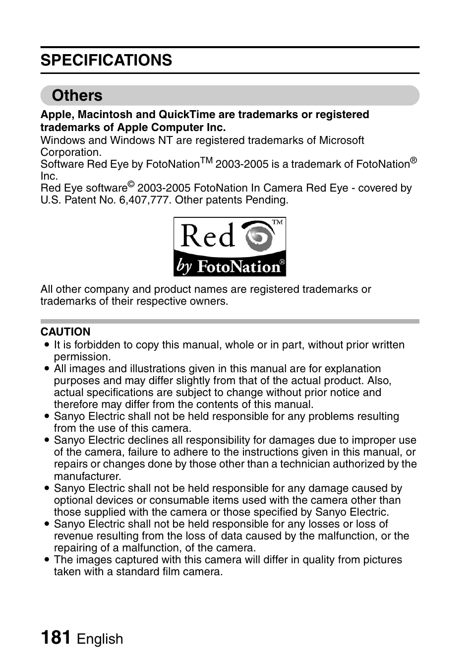 Specifications others, English | Fisher VPC-C6 User Manual | Page 187 / 192