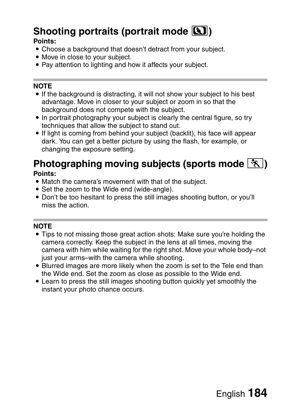 Shooting portraits (portrait mode > ), Photographing moving subjects (sports mode a ), English | Fisher VPC-C6 User Manual | Page 190 / 192