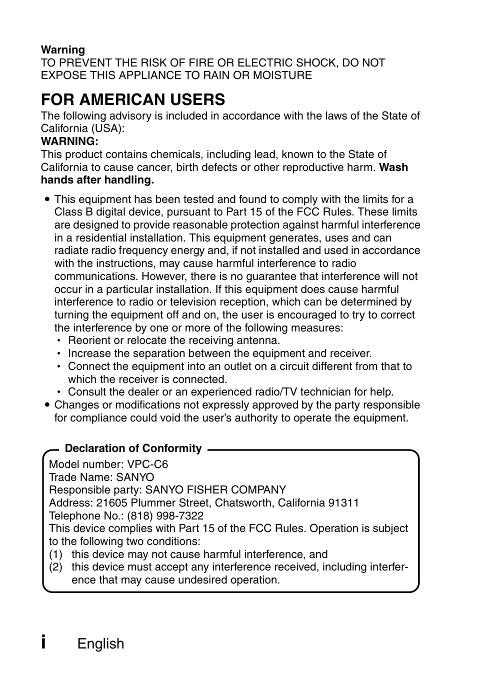 For american users, English | Fisher VPC-C6 User Manual | Page 2 / 192