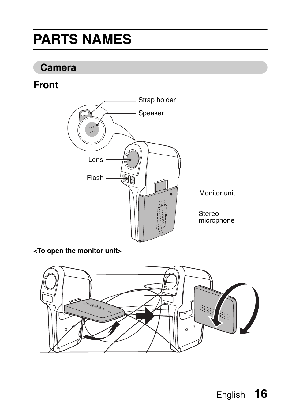 Parts names, Camera front | Fisher VPC-C6 User Manual | Page 22 / 192