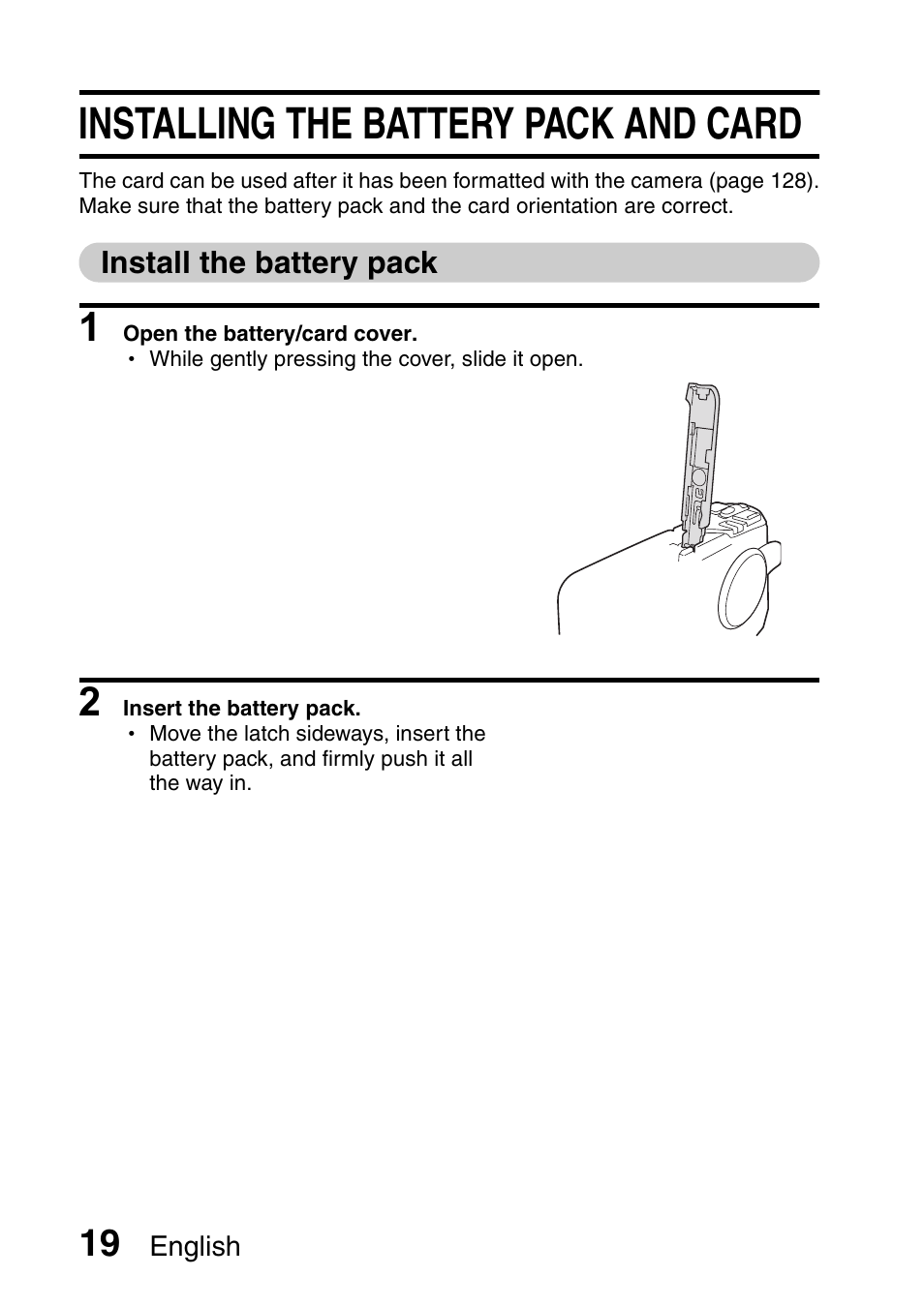 Installing the battery pack and card | Fisher VPC-C6 User Manual | Page 25 / 192