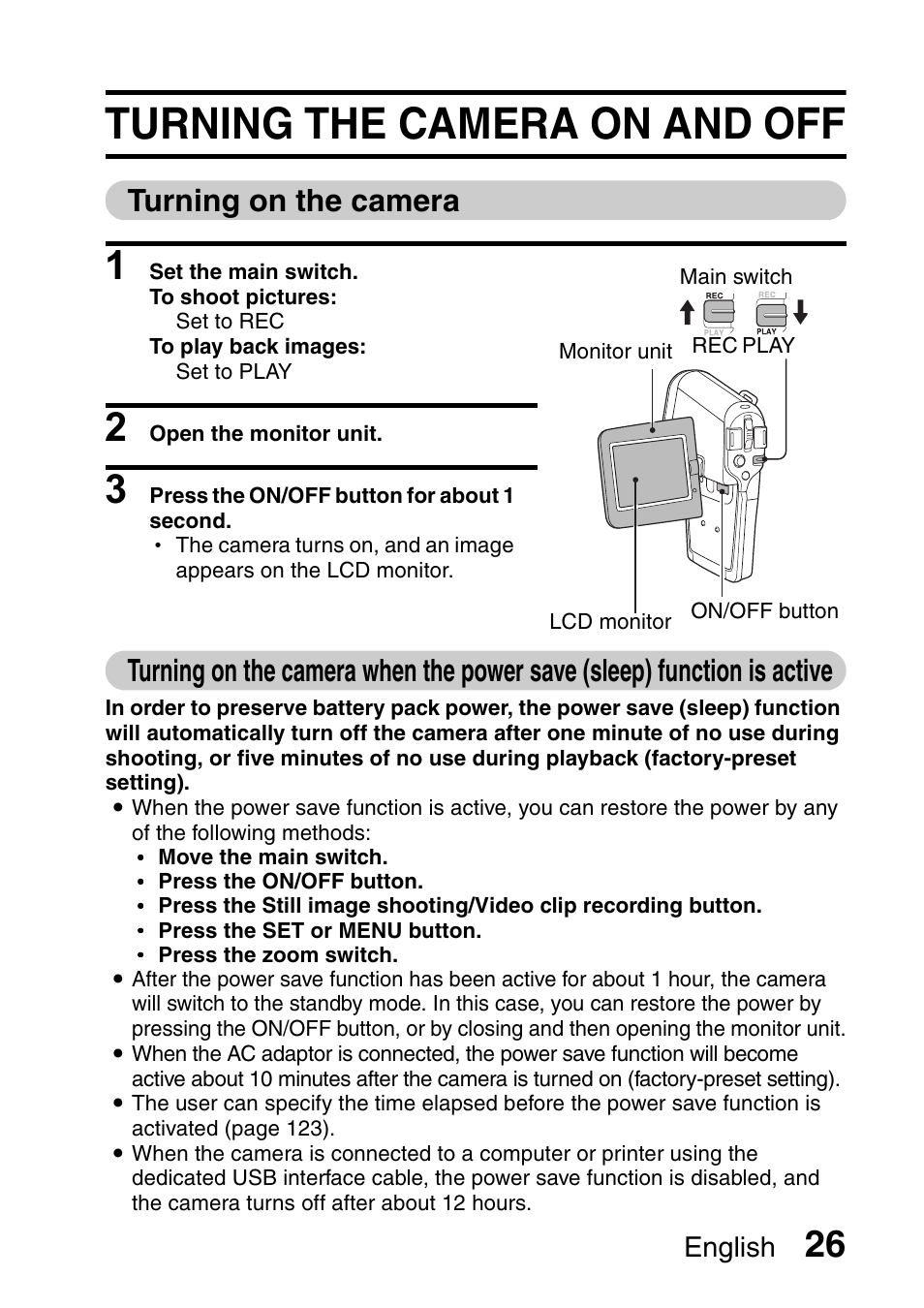 Turning the camera on and off, Turning on the camera, English | Fisher VPC-C6 User Manual | Page 32 / 192