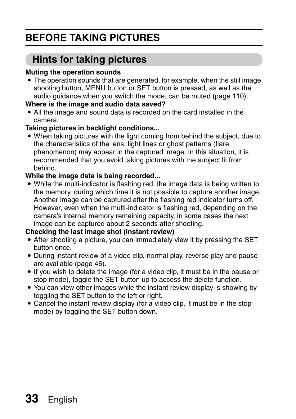 Before taking pictures hints for taking pictures, English | Fisher VPC-C6 User Manual | Page 39 / 192