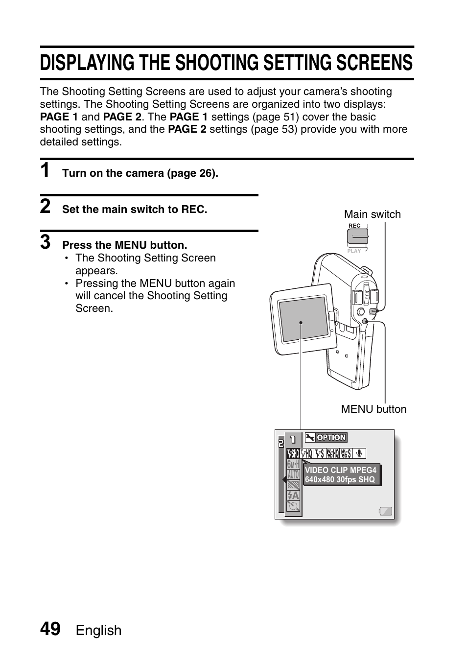 Displaying the shooting setting screens | Fisher VPC-C6 User Manual | Page 55 / 192