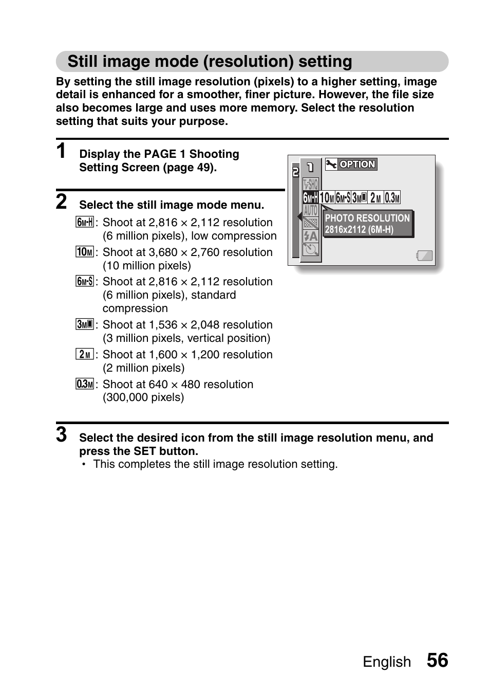 Still image mode (resolution) setting | Fisher VPC-C6 User Manual | Page 62 / 192