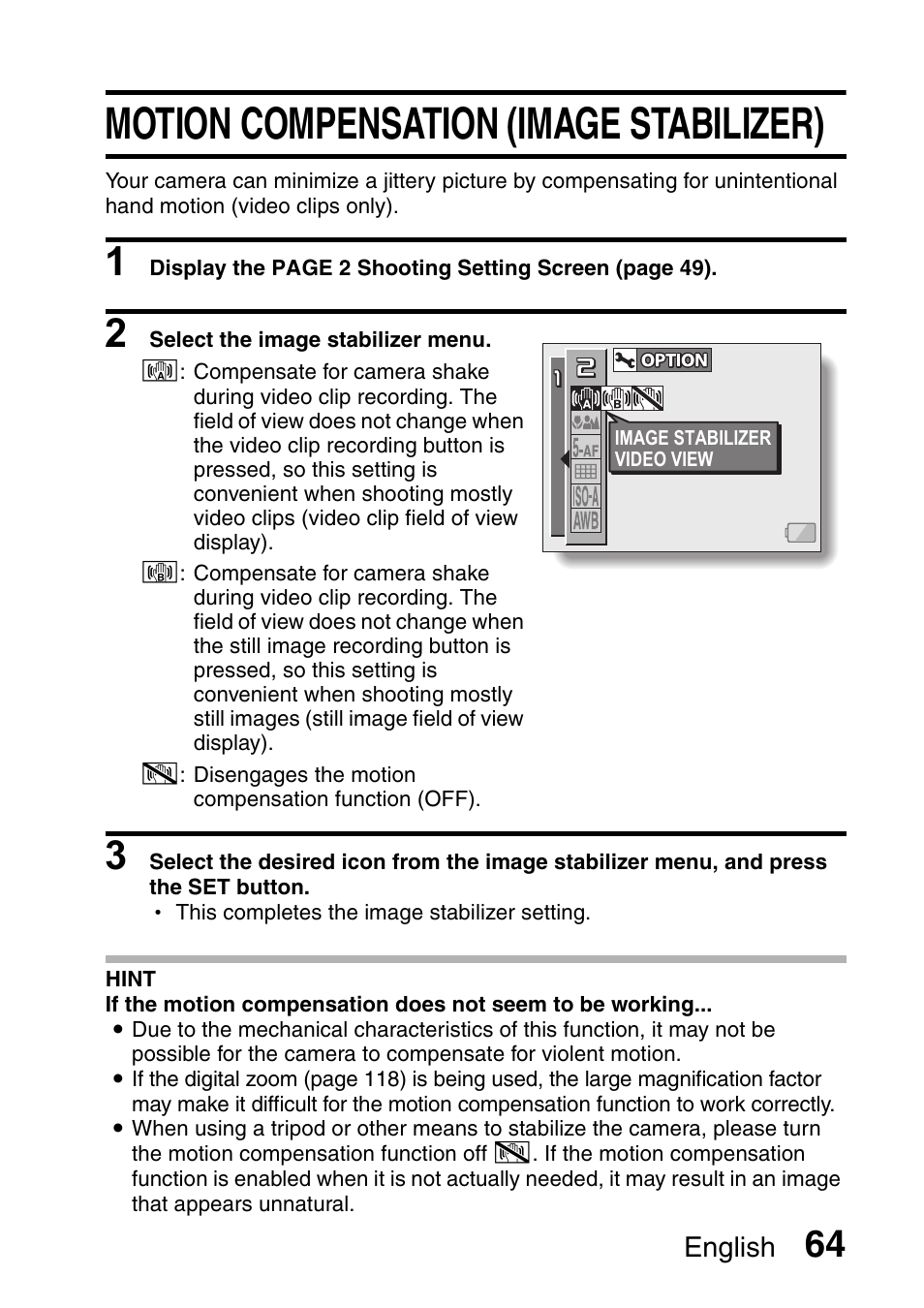 Motion compensation (image stabilizer) | Fisher VPC-C6 User Manual | Page 70 / 192
