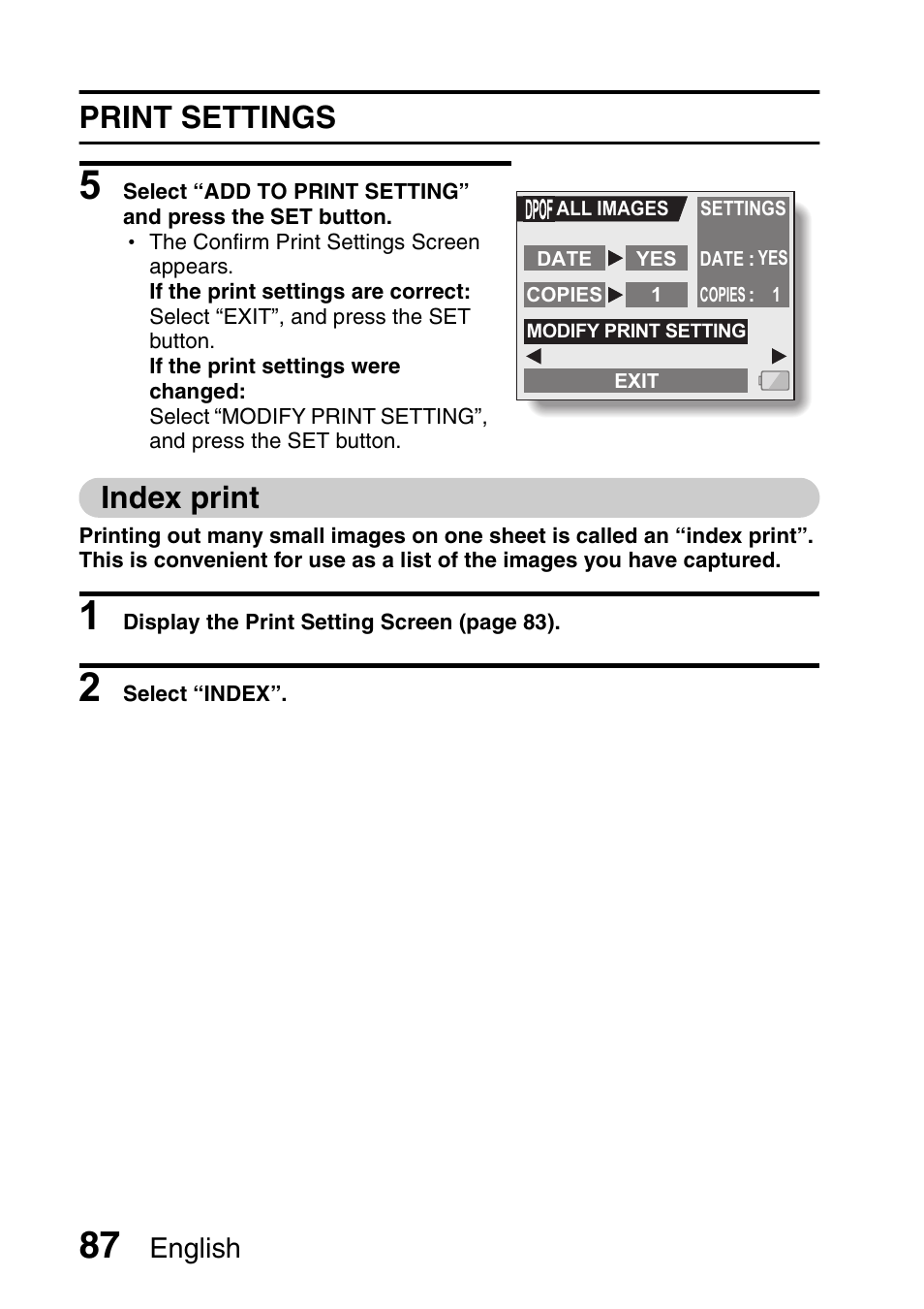 Print settings, Index print, English | Fisher VPC-C6 User Manual | Page 93 / 192