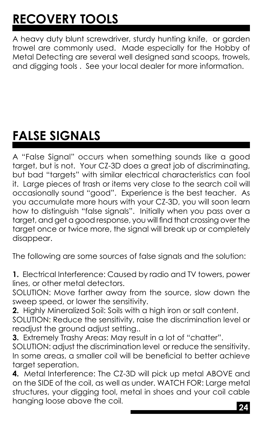 Recovery tools, False signals | Fisher M-SCOPE CZ-3D User Manual | Page 26 / 32