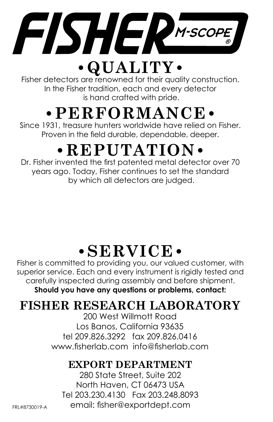 Quality, Performance, Reputation | Lifetime warranty, Service, Fisher research laboratory | Fisher M-SCOPE CZ-3D User Manual | Page 32 / 32