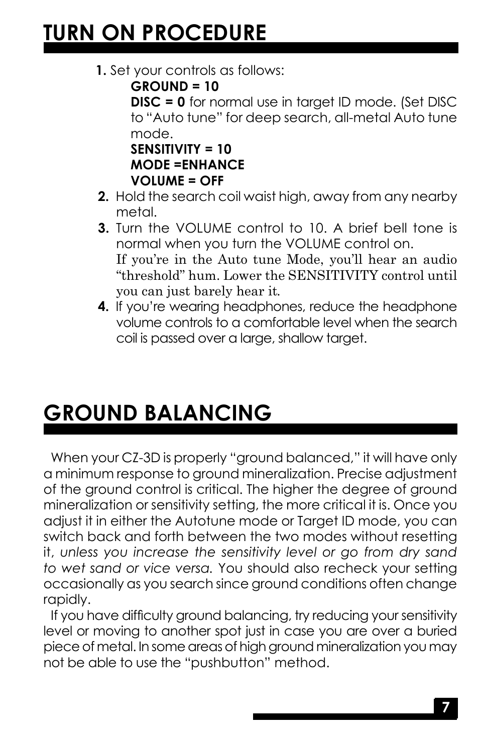 Ground balancing turn on procedure | Fisher M-SCOPE CZ-3D User Manual | Page 9 / 32