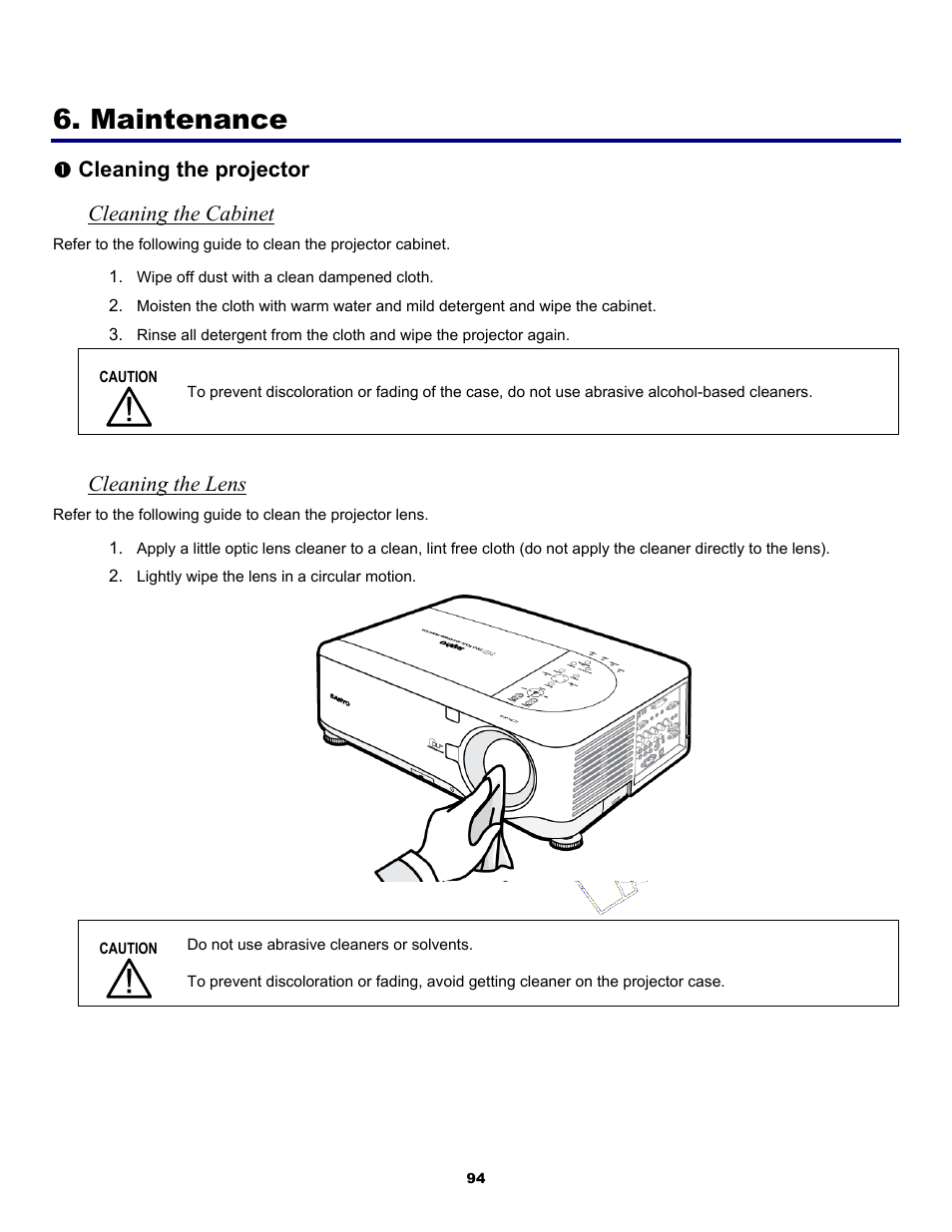 Maintenance, 1) cleaning the projector, Cleaning the cabinet | Cleaning the lens, Leaning the projector, Ncleaning the projector cleaning the cabinet | Fisher PDG-DWT50L User Manual | Page 103 / 135