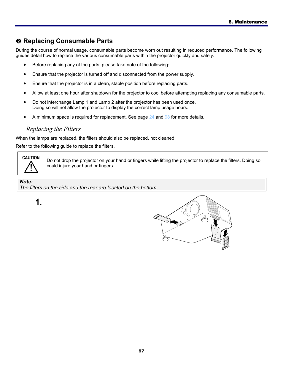 2) replacing consumable parts, Replacing the filters, Eplacing | Onsumable, Arts, Replacing consumable parts | Fisher PDG-DWT50L User Manual | Page 106 / 135