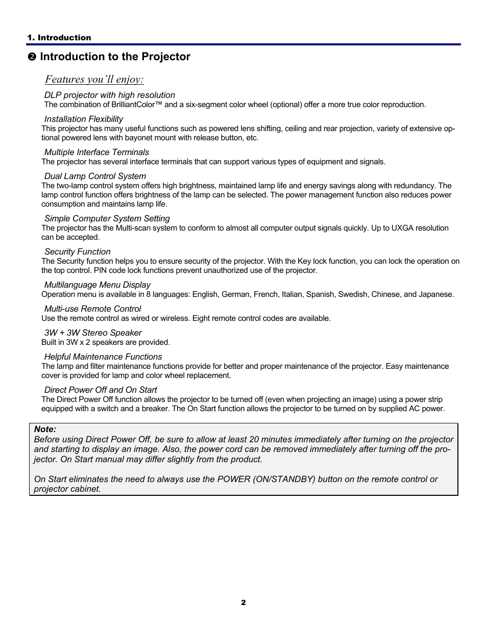 2) introduction to the projector, Features you’ll enjoy, Ntroduction to the | Rojector | Fisher PDG-DWT50L User Manual | Page 11 / 135
