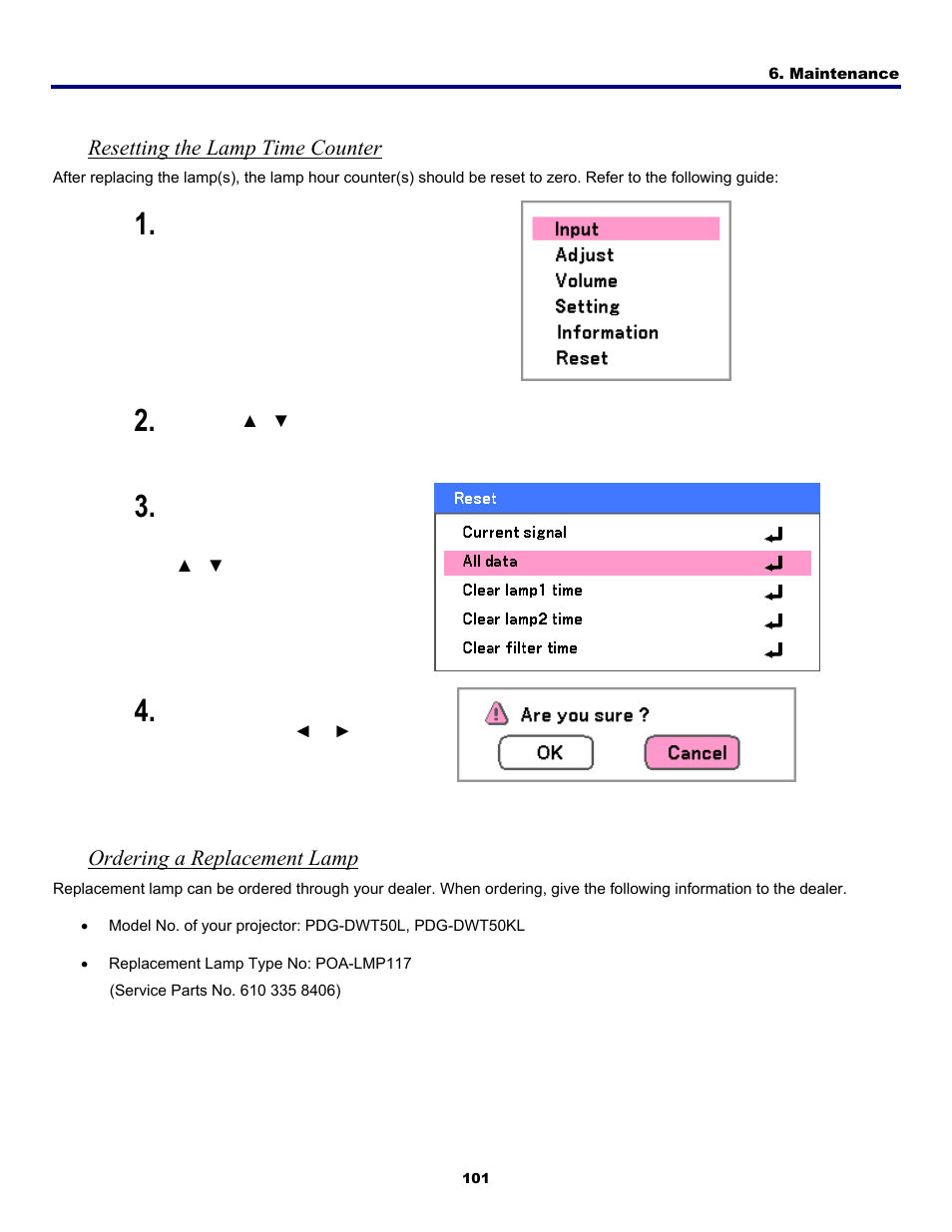 Resetting the lamp time counter, Ordering a replacement lamp | Fisher PDG-DWT50L User Manual | Page 110 / 135