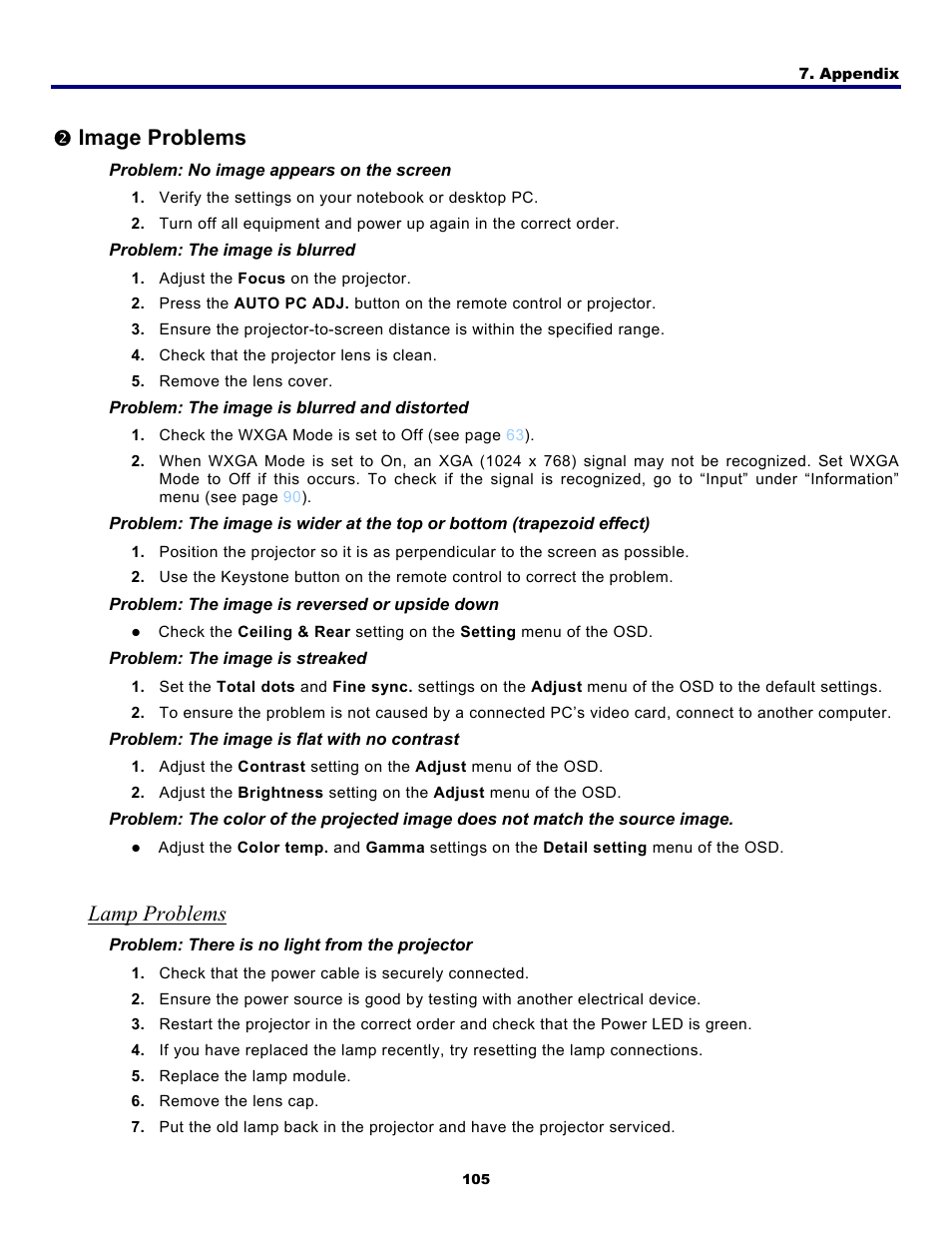 2) image problems, Lamp problems, Mage | Roblems, Image problems | Fisher PDG-DWT50L User Manual | Page 114 / 135