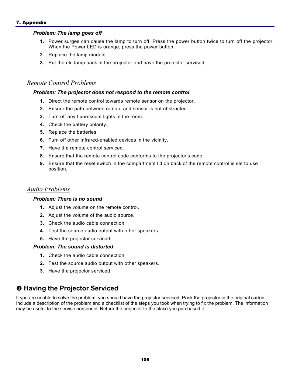 Remote control problems, Audio problems, 3) having the projector serviced | Aving the, Rojector, Erviced, Having the projector serviced | Fisher PDG-DWT50L User Manual | Page 115 / 135