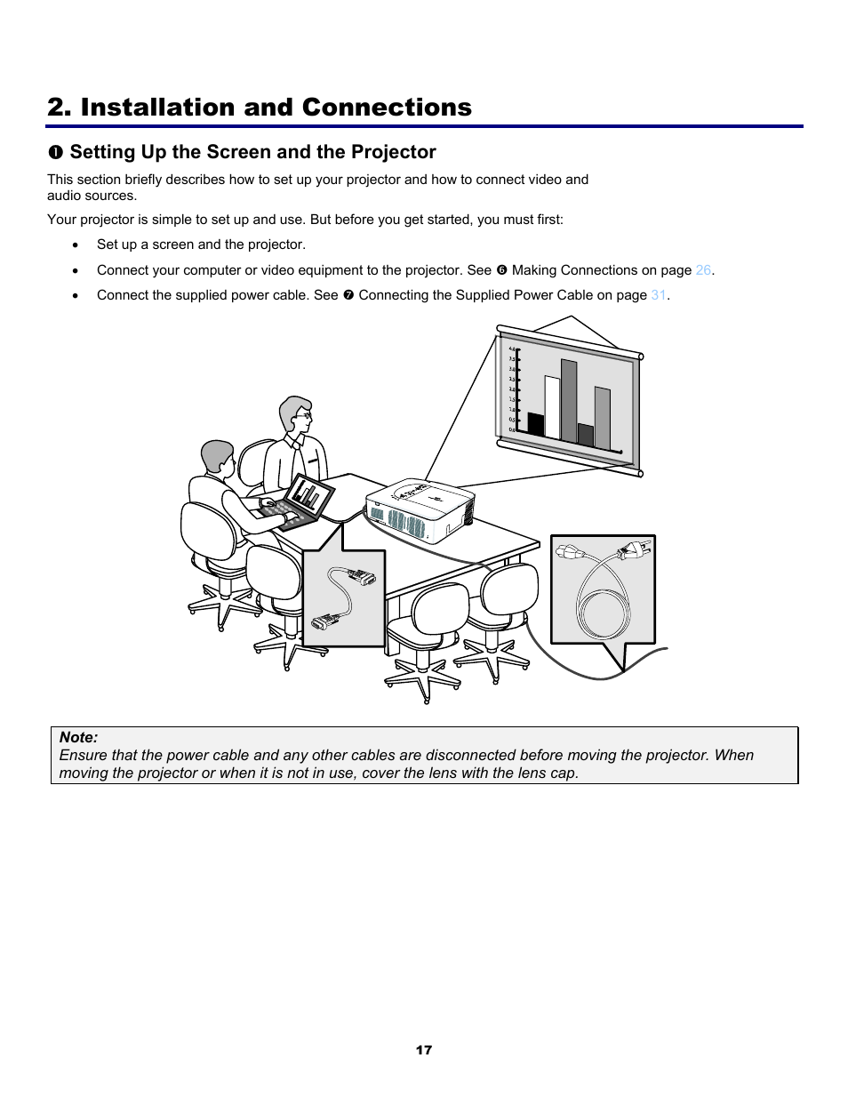 Installation and connections, 1) setting up the screen and the projector, Etting | P the, Creen and the, Rojector, Setting up the screen and the projector | Fisher PDG-DWT50L User Manual | Page 26 / 135