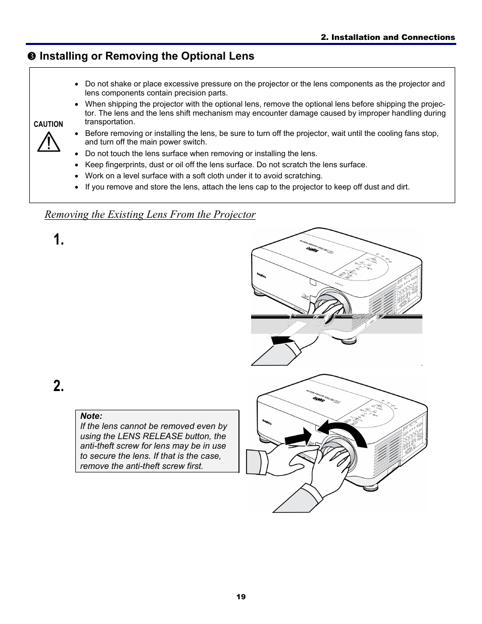 3) installing or removing the optional lens, Removing the existing lens from the projector, Nstalling or | Emoving the, Ptional, Installing or removing the optional lens | Fisher PDG-DWT50L User Manual | Page 28 / 135