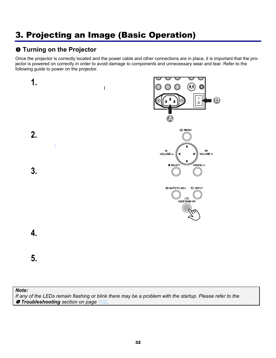 Projecting an image (basic operation), 1) turning on the projector, Urning on the | Rojector | Fisher PDG-DWT50L User Manual | Page 41 / 135