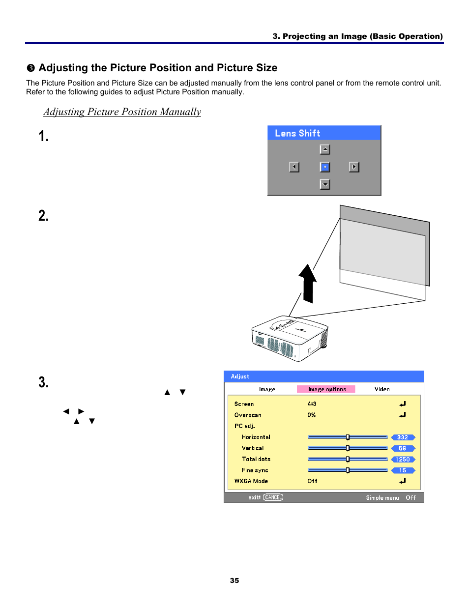 3) adjusting the picture position and picture size, Adjusting picture position manually, Djusting the | Icture, Osition and | Fisher PDG-DWT50L User Manual | Page 44 / 135