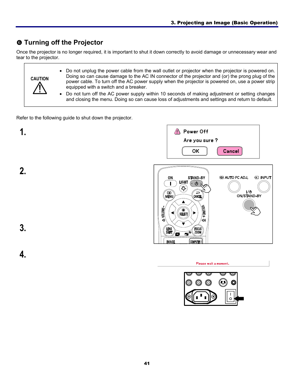 6) turning off the projector, Urning off the, Rojector | Fisher PDG-DWT50L User Manual | Page 50 / 135